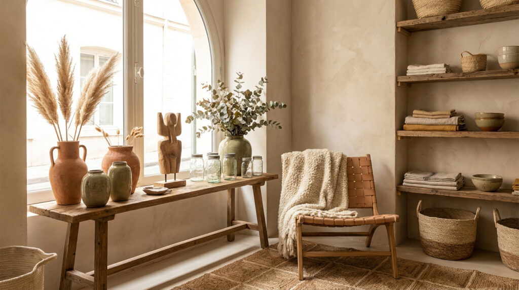 Intérieur lumineux au style bohème, avec console en bois, chaise en cuir tressé, étagères rustiques, vases, paniers et textiles naturels.