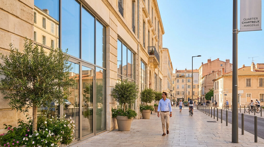 Rue moderne et animée du quartier Chartreux à Marseille, avec immeubles récents, passants, cyclistes et végétation.