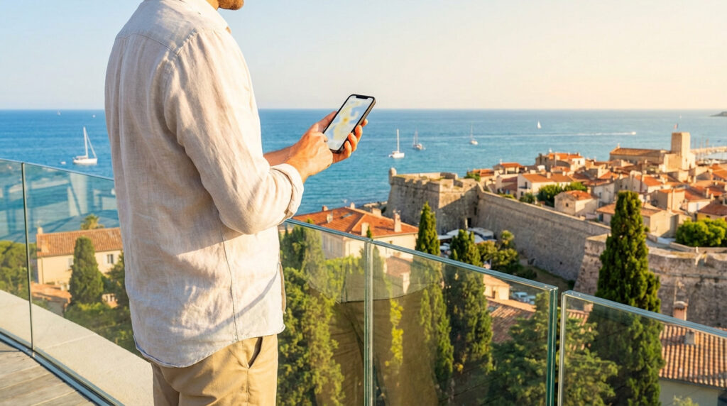 Homme sur balcon regardant une carte de zones sur son téléphone, avec vue sur la vieille ville d'Antibes et la mer.