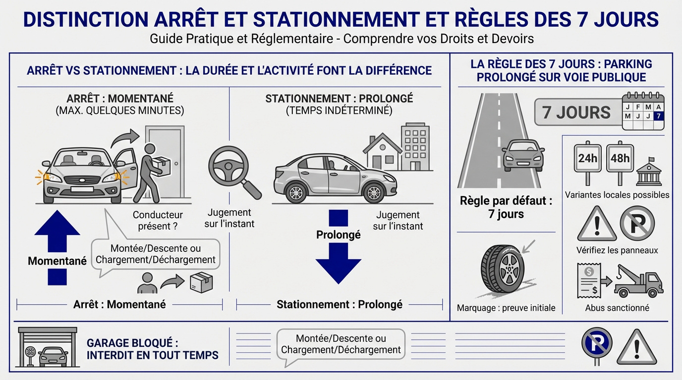 Infographie expliquant la différence entre l'arrêt et le stationnement de 7 jours