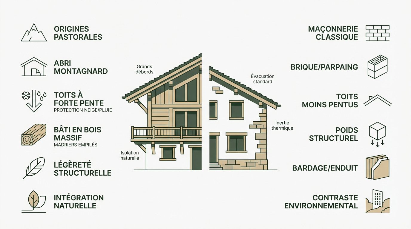Comparaison visuelle entre l'architecture d'un chalet en bois et une maison traditionnelle en maçonnerie