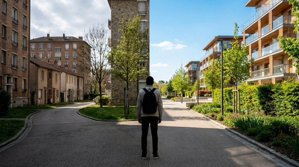 Un homme de dos se tient à la limite entre un vieux quartier résidentiel et un nouveau, moderne et végétalisé.