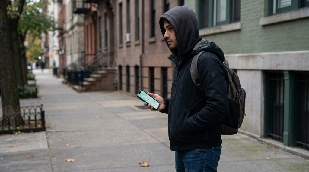 Jeune homme en capuche et sac à dos consulte une carte sur son smartphone, cherchant à éviter des zones sensibles en ville.