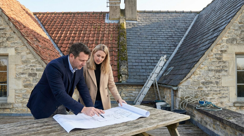 Deux personnes examinent des plans de toiture sur un toit-terrasse. Des tuiles et ardoises, ainsi qu'une échelle, sont visibles.