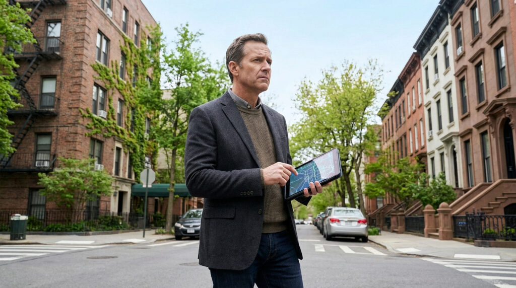 Homme en veste et pull analysant une carte sur tablette, debout dans une rue bordée d'immeubles résidentiels en brique.