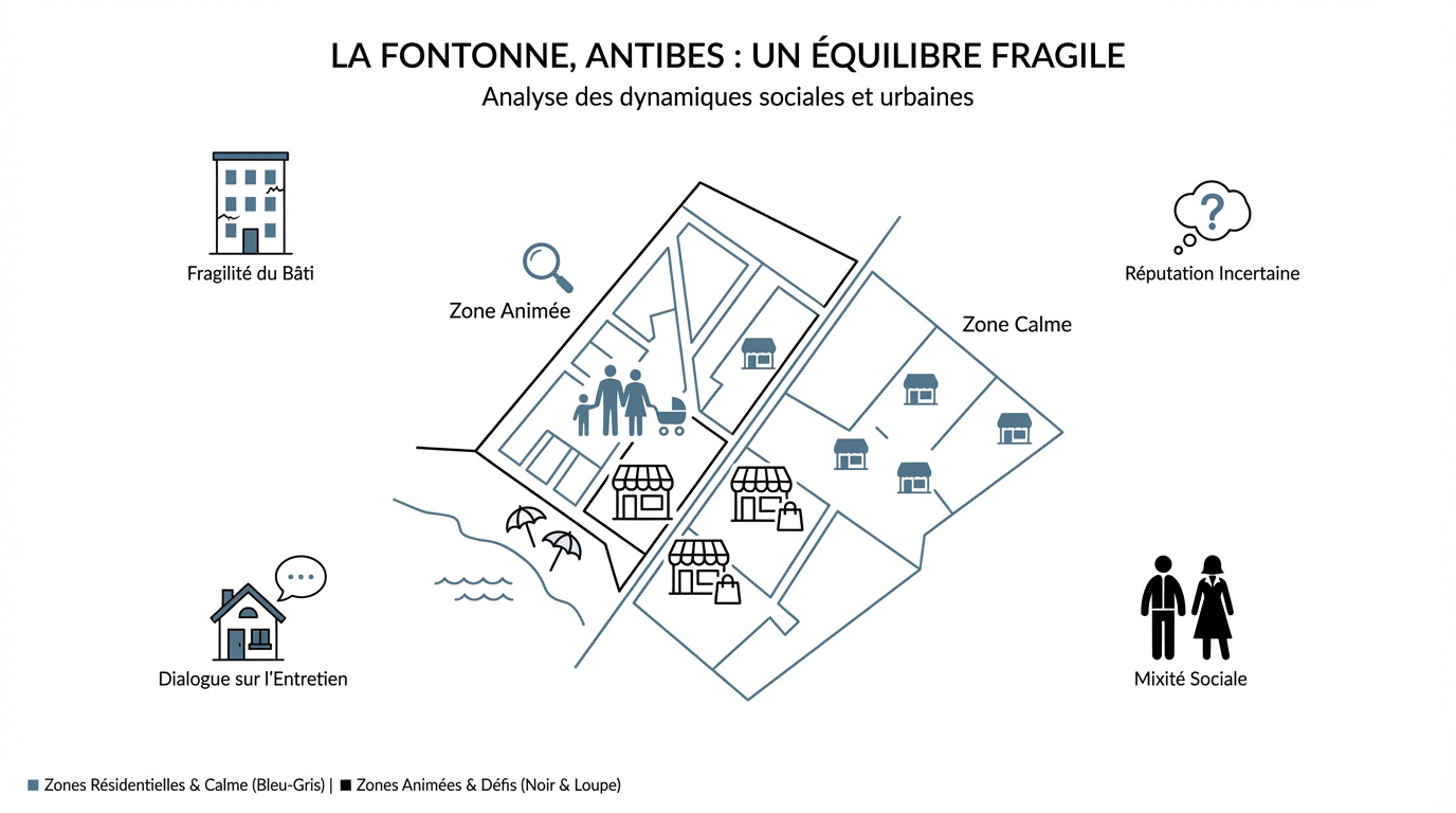 Vue du quartier de la Fontonne à Antibes montrant le contraste entre zone résidentielle et infrastructures
