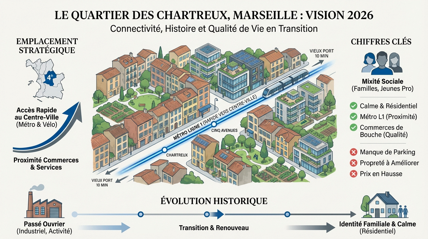 Vue aérienne du quartier des Chartreux à Marseille avec son église emblématique en 2026