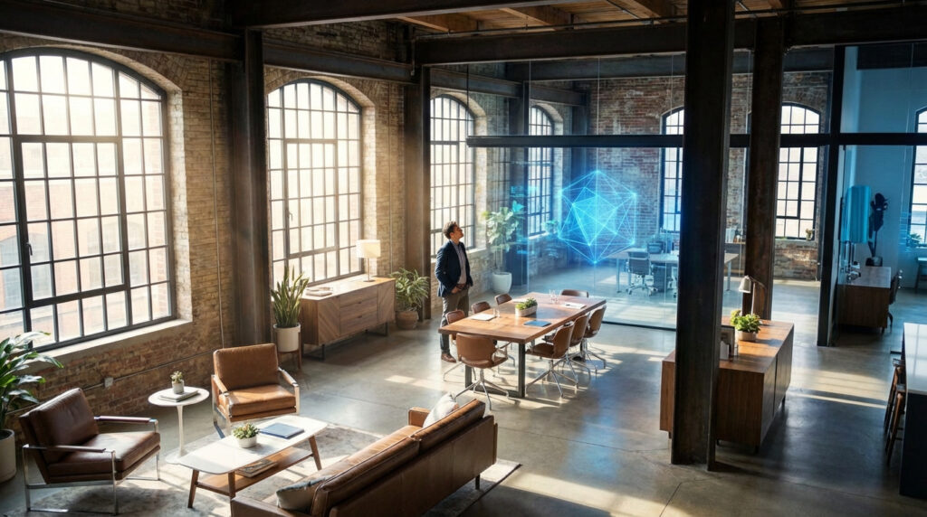 Bureau moderne type loft avec murs de briques, grandes fenêtres, mobilier contemporain, et homme face à un hologramme bleu.