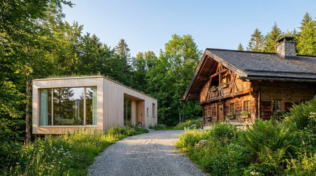 Un chalet en bois rustique et une maison moderne en bois clair dans un environnement forestier verdoyant.