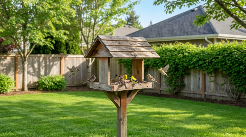 Mangeoire en bois dans un jardin ensoleillé, avec des moineaux et deux chardonnerets jaunes se nourrissant, et d'autres oiseaux en vol.