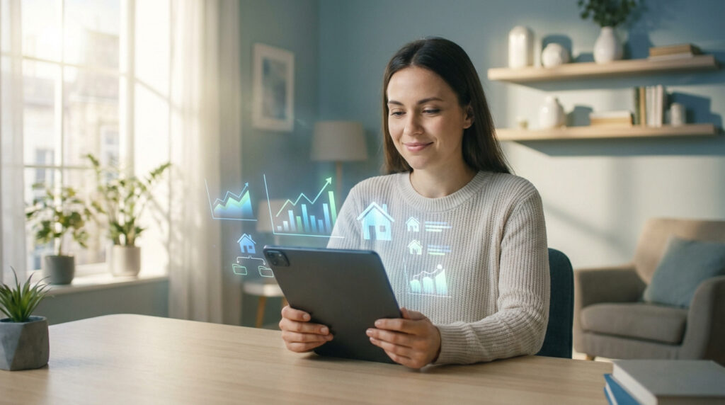 Jeune femme souriante utilisant une tablette avec des projections holographiques de graphiques et d'icônes de maisons, optimisant ses aides logement.