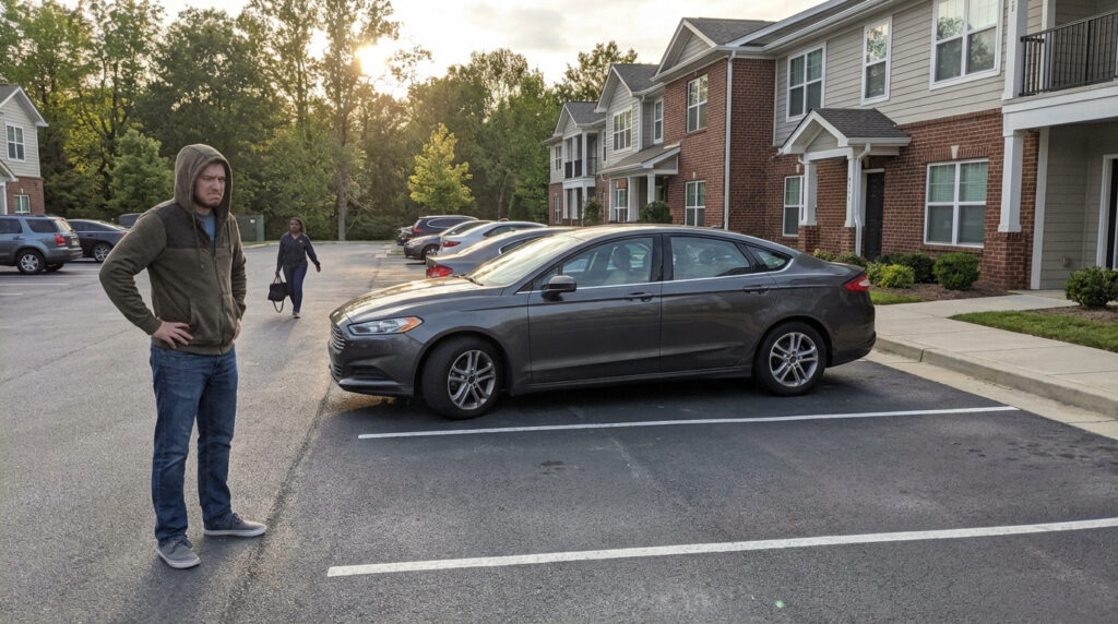 Un homme en colère, mains sur les hanches, devant une voiture mal garée occupant deux places dans un parking résidentiel au coucher du soleil.