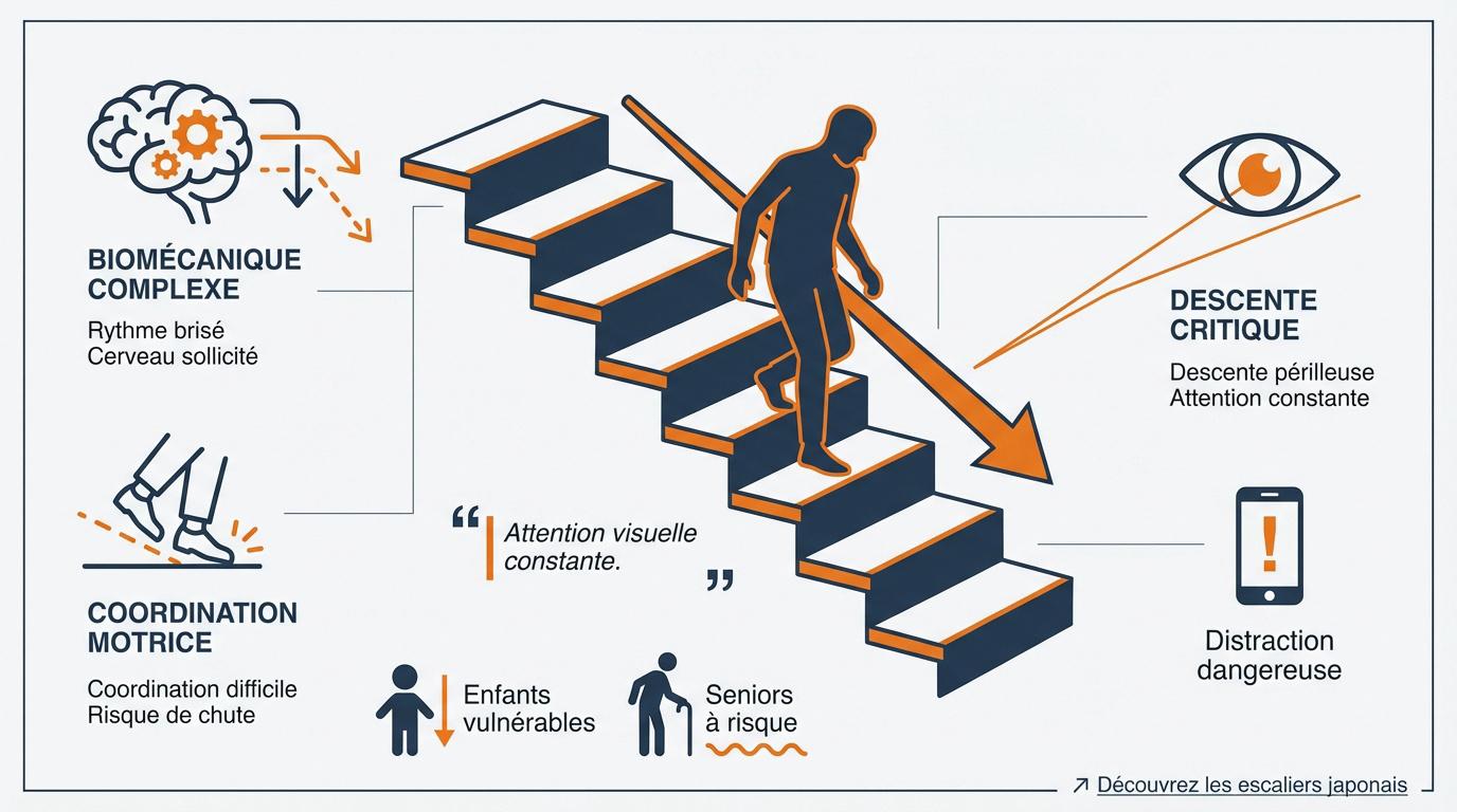 Risques de chutes sur un escalier à pas japonais en intérieur