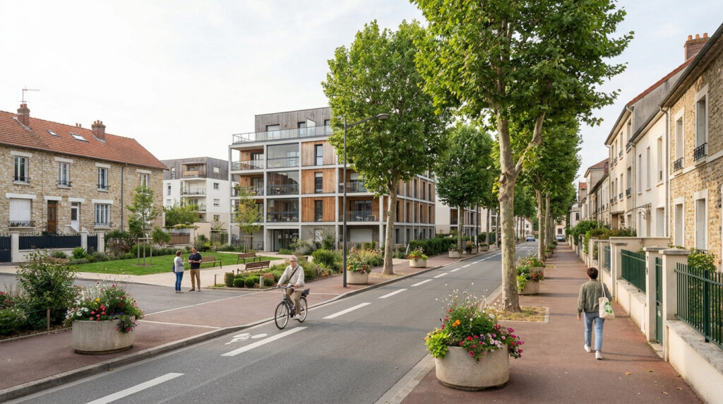 Rue urbaine à Villenave avec un mélange d'anciens immeubles en pierre et de bâtiments modernes, des arbres, des pistes cyclables et des piétons.