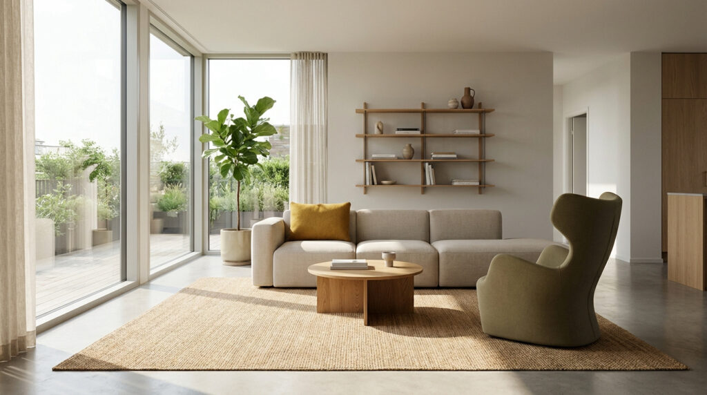 Salon moderne avec canapé beige, fauteuil vert, table basse en bois, étagère murale, plante et vue sur terrasse verdoyante et ensoleillée.