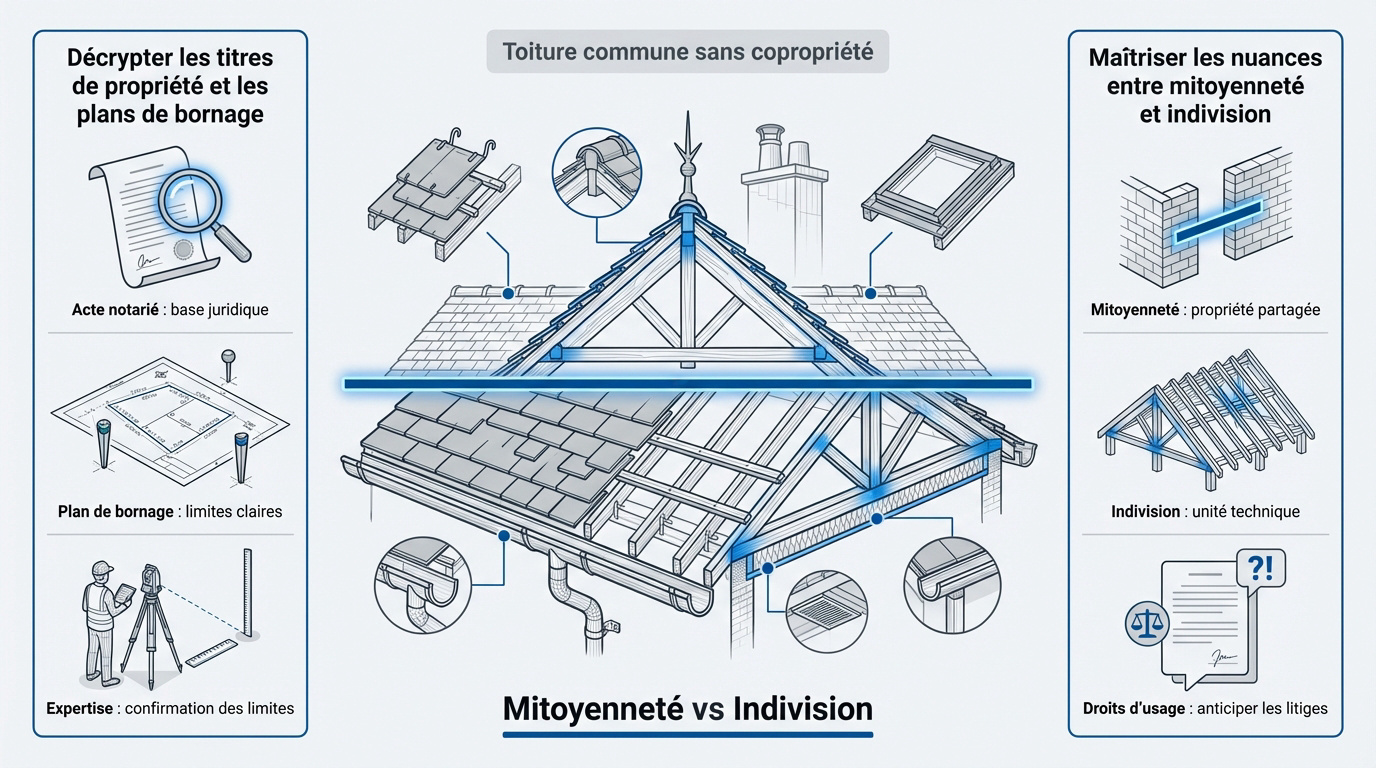 Schéma explicatif de la mitoyenneté et de l'indivision pour une toiture commune