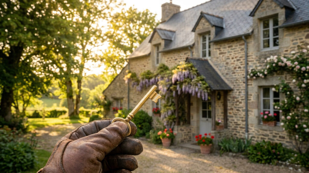Main gantée de cuir tenant une clé dorée devant une charmante maison en pierre avec glycine et rosiers, sous un ciel ensoleillé.