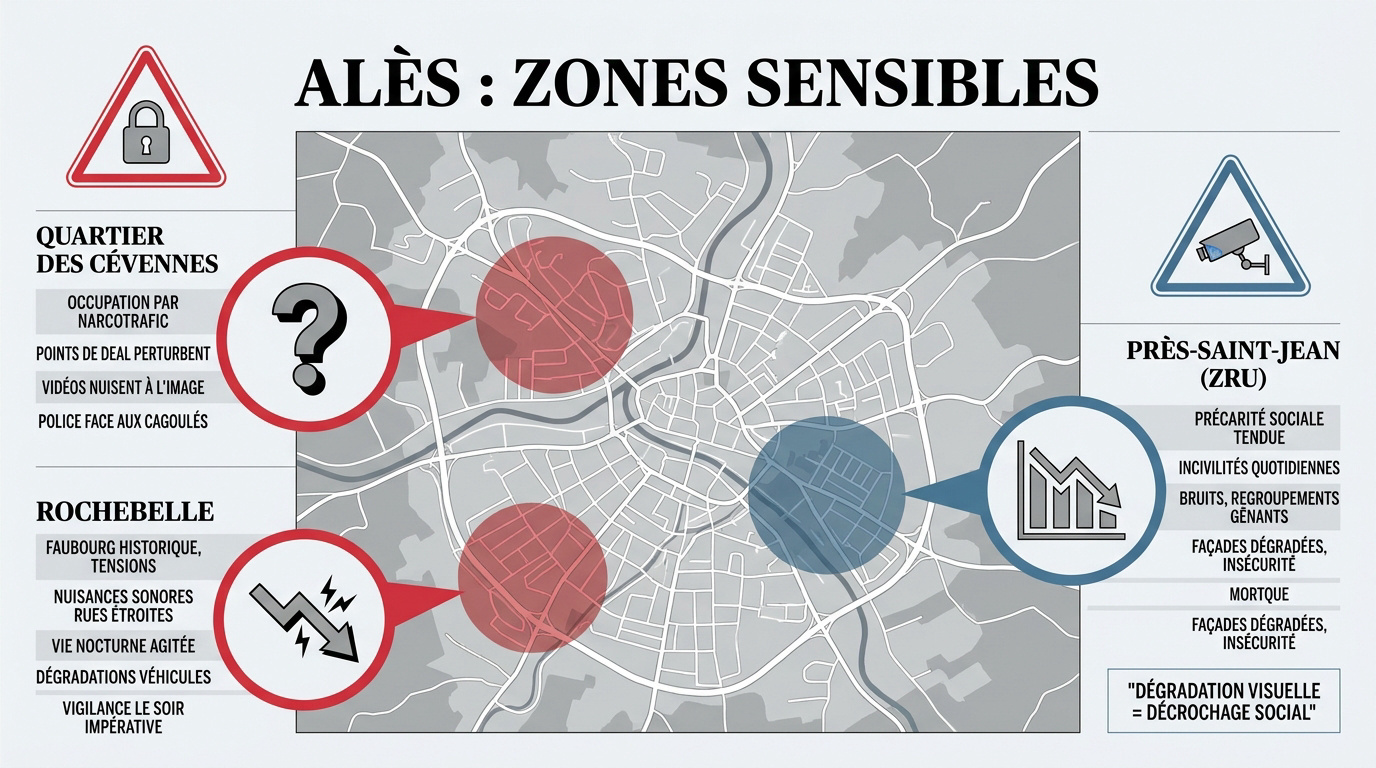 Carte des zones urbaines sensibles et quartiers à éviter à Alès