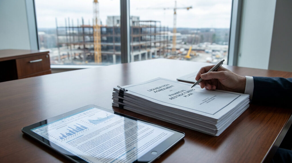 Main d'un professionnel s'apprêtant à signer des accords de liquidation et de restructuration financière, avec une tablette affichant des graphiques et un chantier en arrière-plan.