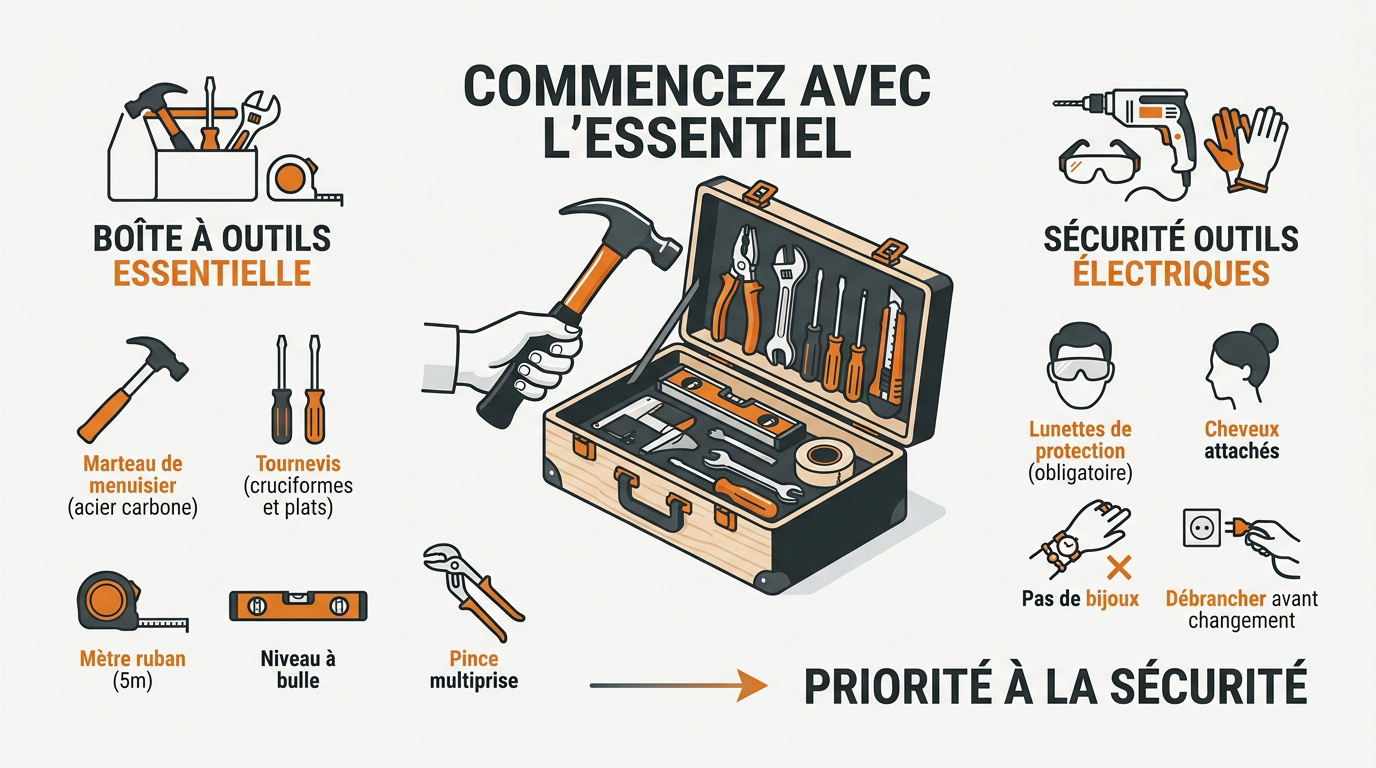 Sélection d'outils à main essentiels et équipements de protection pour débuter le bricolage en toute sécurité