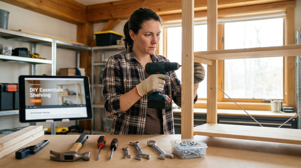 Femme assemble une étagère en bois avec une perceuse-visseuse, guidée par un cours de bricolage en ligne sur tablette.