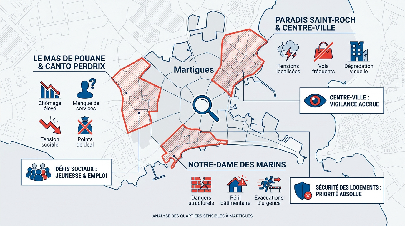 Carte des zones de vigilance et quartiers sensibles à Martigues
