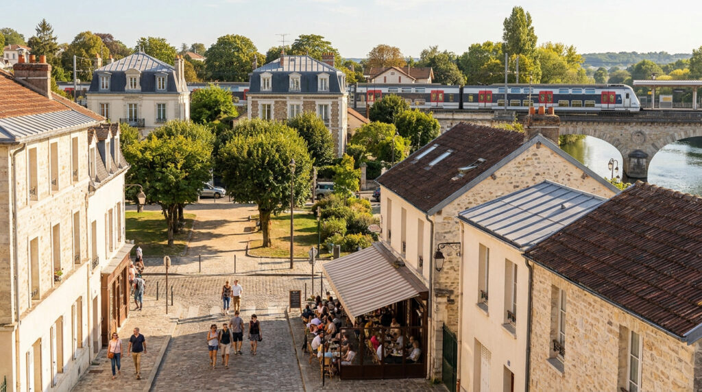Scène de vie à Chatou: rue pavée, terrasses de café, élégants immeubles et RER traversant la Seine sur un pont.