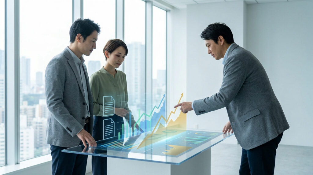 Un homme pointe un graphique en hausse sur une table tactile affichant des données. Deux collègues regardent attentivement, ville en arrière-plan.
