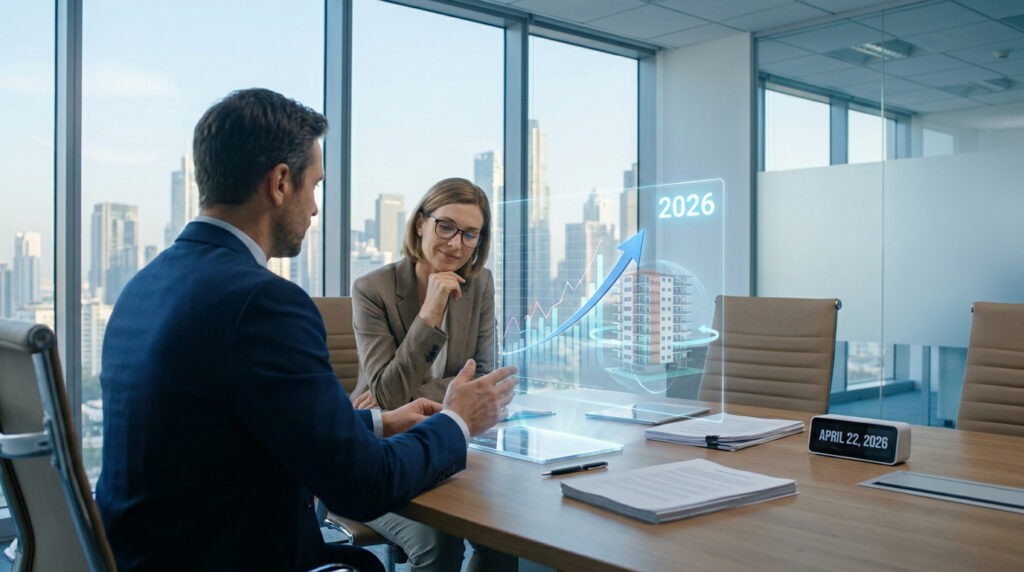 Deux professionnels en réunion devant une projection holographique d'un graphique immobilier ascendant et un immeuble, avec la date 2026.