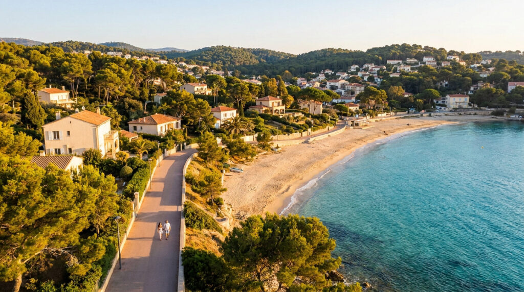 Vue aérienne de La Seyne-sur-Mer: plage de sable, mer turquoise, maisons méditerranéennes dans la verdure et couple sur la route.