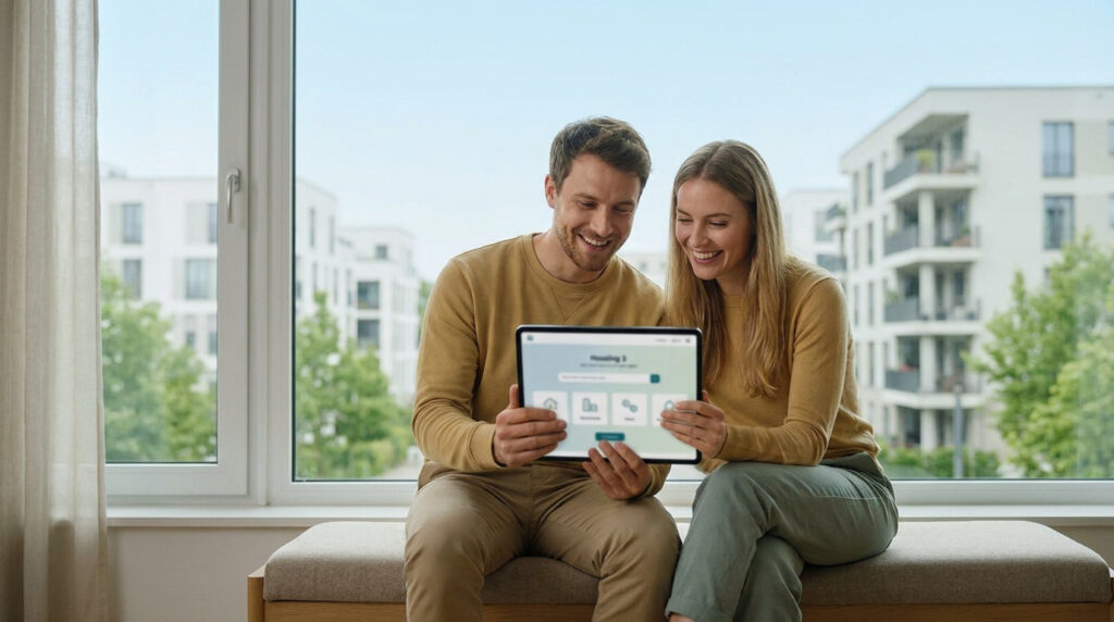 Un couple souriant utilise une tablette pour chercher un logement social, assis près d'une fenêtre avec des immeubles modernes en arrière-plan.