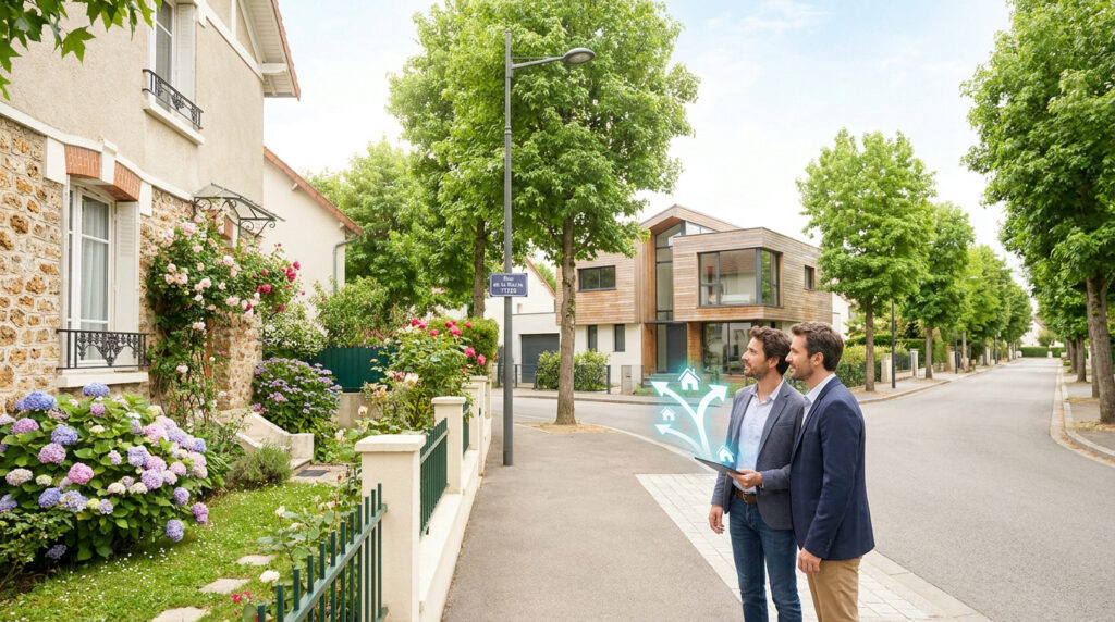 Deux hommes évaluent des propriétés avec une tablette interactive dans une rue résidentielle arborée à Ozoir-la-Ferrière.