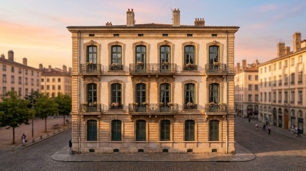 Façade principale d'un grand immeuble lyonnais classique avec balcons en fer forgé fleuris, sous un ciel de coucher de soleil.