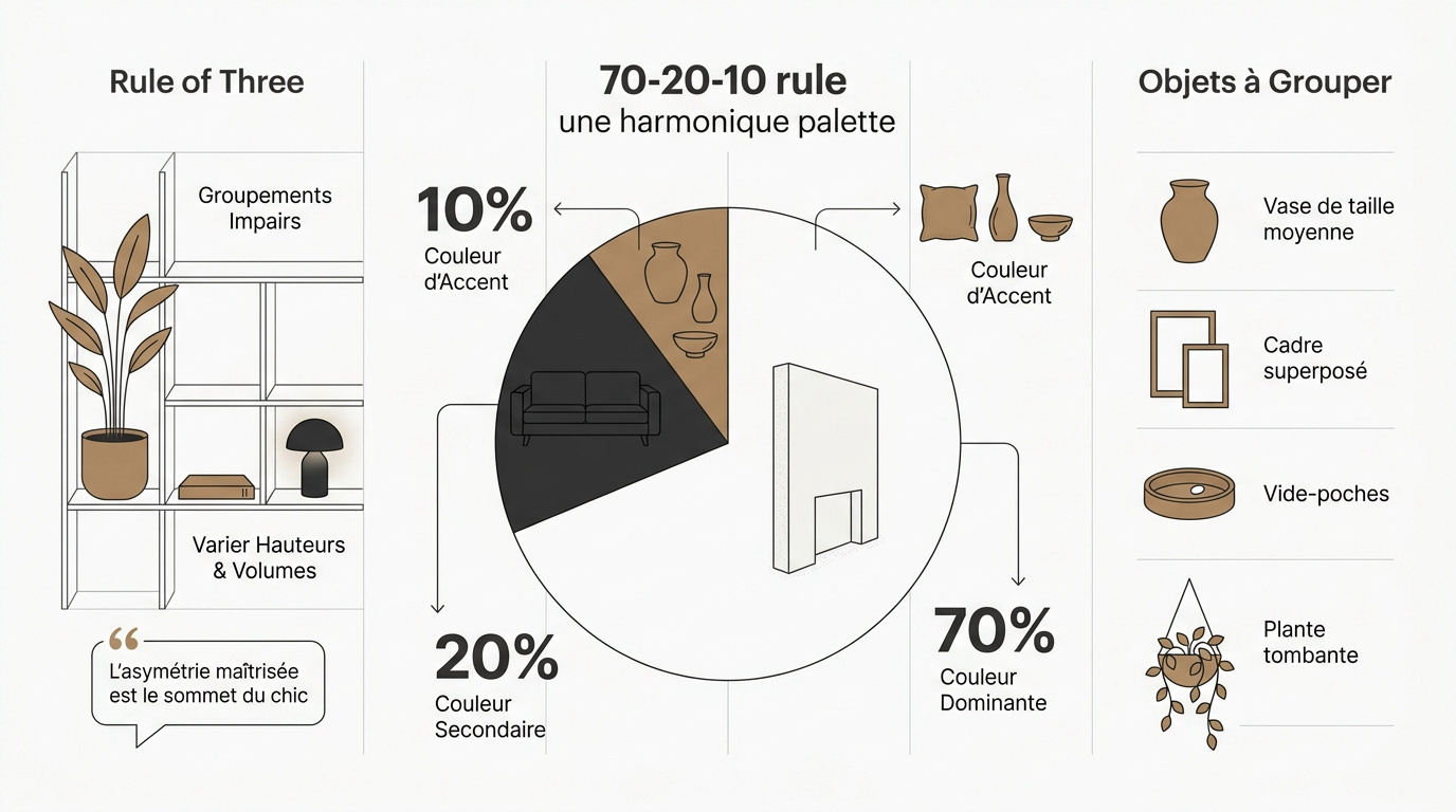 Guide visuel pour l'agencement des couleurs et des objets décoratifs selon la règle de trois