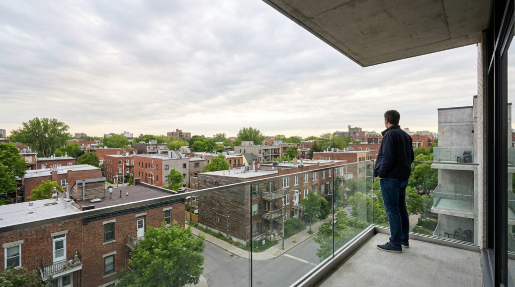 Un homme observe un quartier résidentiel urbain depuis un balcon moderne avec garde-corps en verre, sous un ciel nuageux.