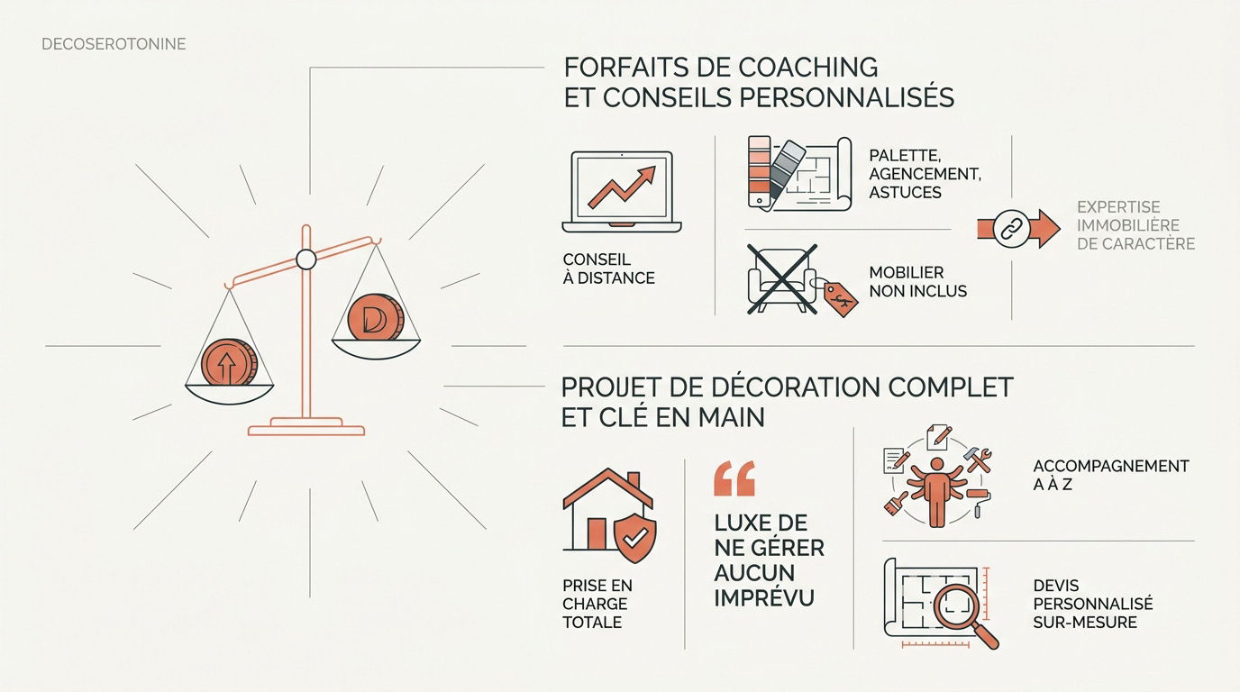Infographie des tarifs et budgets pour une prestation de décoration intérieure chez Decoserotonine