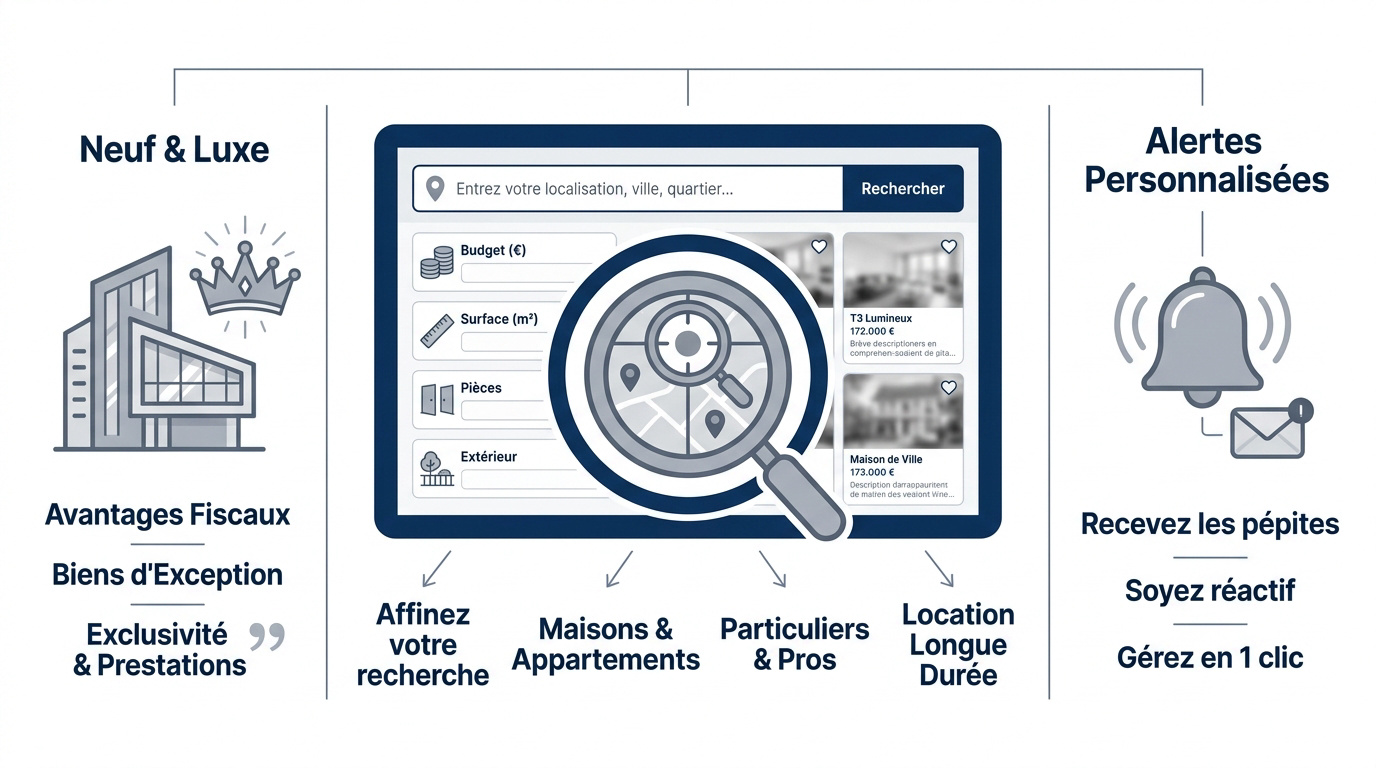 Infographie présentant la recherche immobilière et le système d'alertes Zimo