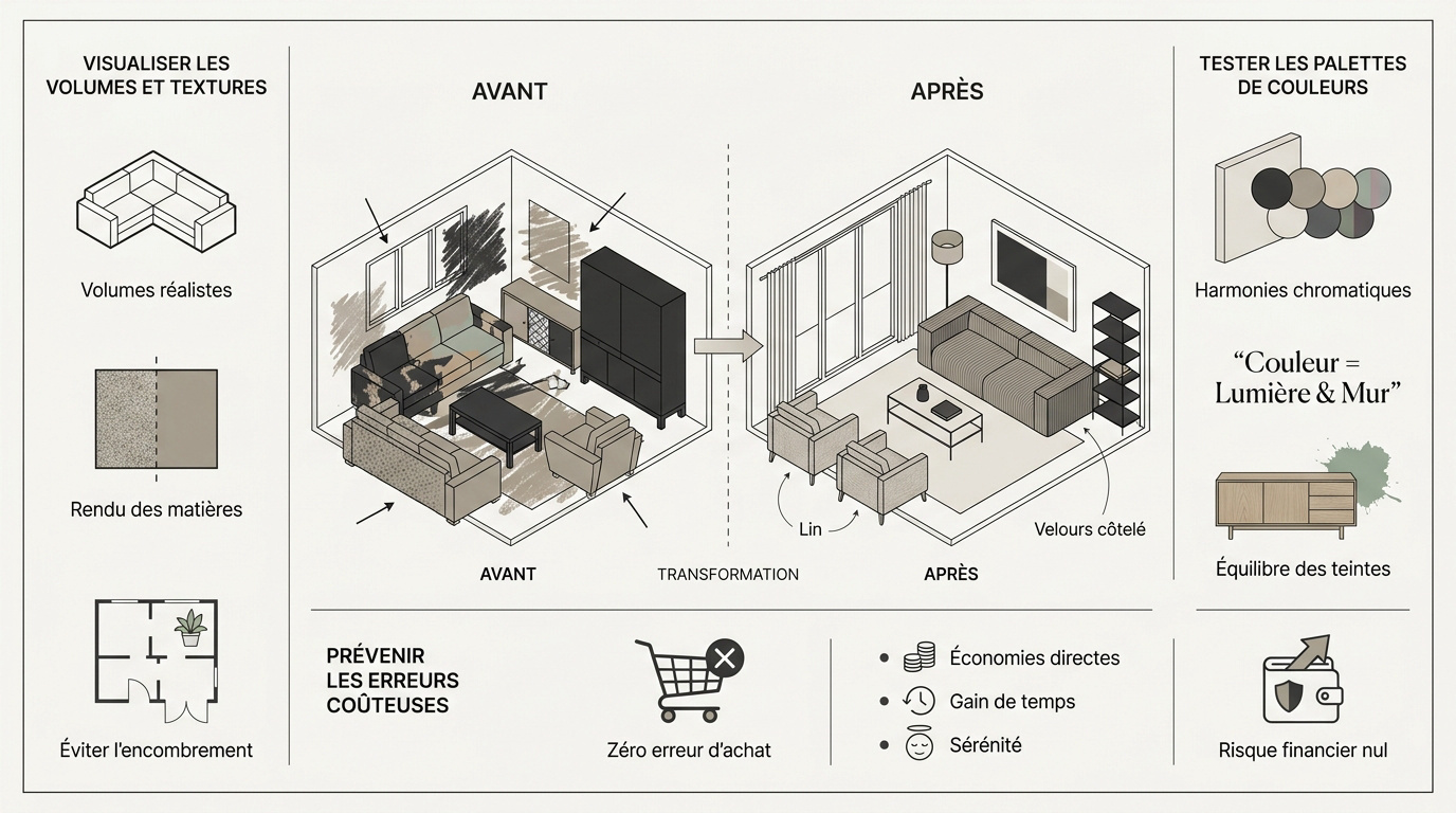 Infographie montrant la transformation d'un intérieur grâce à un simulateur 3D
