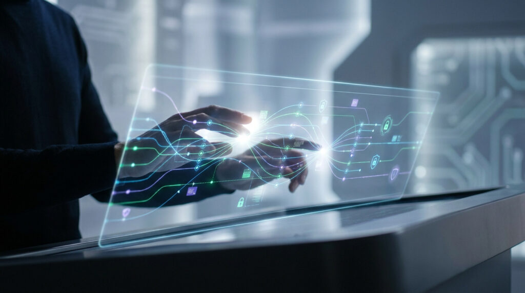 Mains interagissant avec une interface numérique holographique affichant des flux de données et des icônes de sécurité.