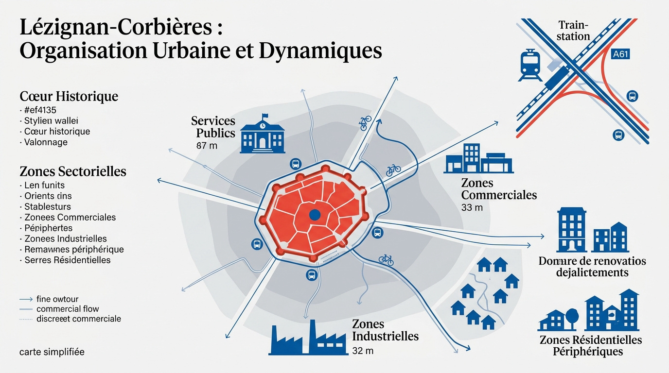 Vue aérienne de l'organisation urbaine de Lézignan-Corbières entre vignes et habitations