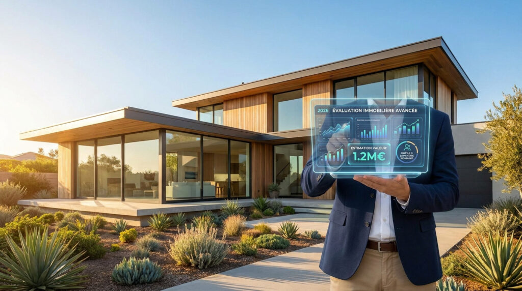 Un homme évalue une maison moderne avec une tablette holographique affichant une estimation de 1.2M€ et des données immobilières pour 2026.