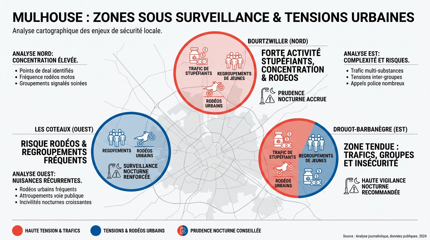 Plan des zones sensibles et quartiers sous surveillance à Mulhouse