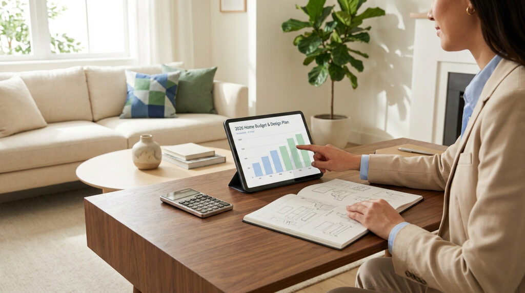 Femme consulte un plan budget et design sur tablette, avec croquis et calculateur. Salon moderne, canapé et plante en arrière-plan.