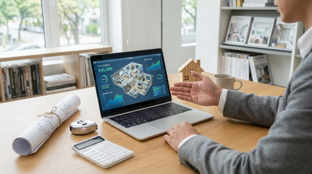 Homme consultant un devis de rénovation 3D sur ordinateur portable avec plans, mètre, calculatrice et maquette de maison sur un bureau.