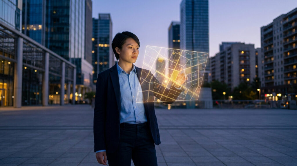 Jeune adulte en costume analysant une carte holographique lumineuse dans un environnement urbain moderne au crépuscule.