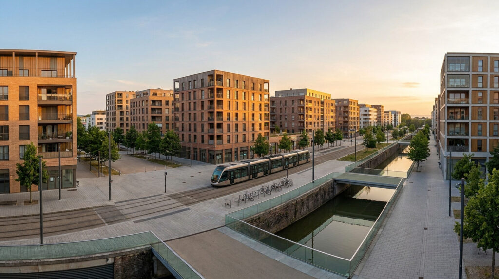 Vue aérienne d'un quartier moderne de Mulhouse avec tram, immeubles en briques et canal sous un ciel de crépuscule.