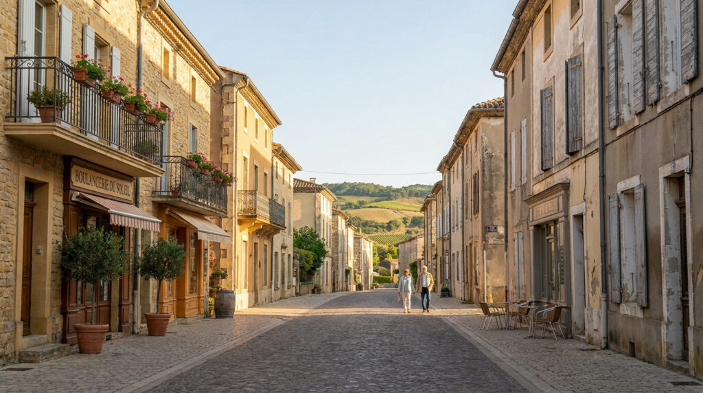 Rue pavée d'un village méditerranéen avec maisons anciennes, balcons fleuris, une boulangerie et vignobles en fond de rue. Deux personnes marchent.