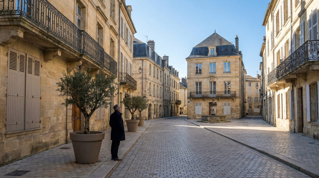 Vue d'une rue pavée dans une ville française, bordée de bâtiments en pierre. Un homme et des oliviers ornent le trottoir. Fontaine visible.