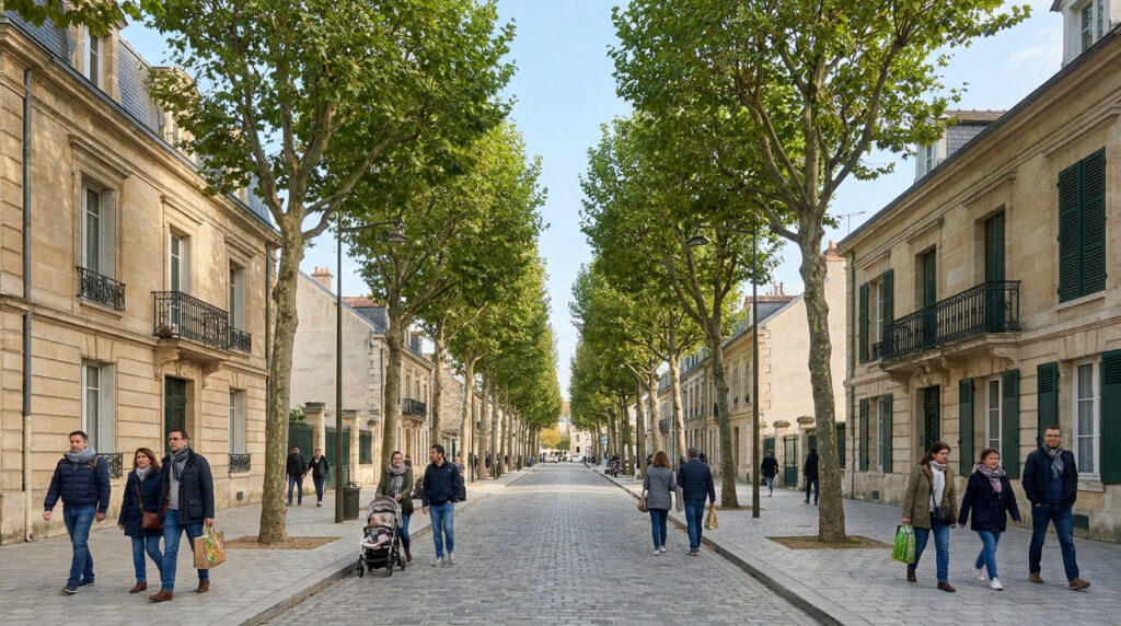 Vue d'une rue pavée bordée d'arbres et de bâtiments en pierre, avec des passants, dont une famille avec poussette, à Saint-Maur.