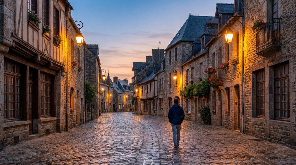 Rue pavée ancienne éclairée par des lanternes au crépuscule. Maisons en pierre et à pans de bois, un homme y marche seul.
